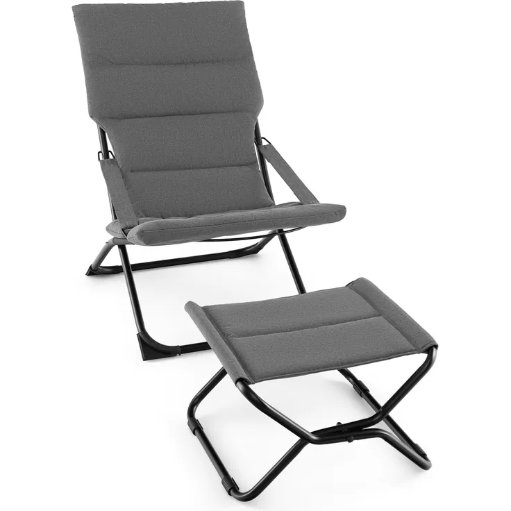 COSTWAY Klappbarer Liegestuhl mit Fußhocker, abnehmbaren Kissen & hoher Rückenlehne, gepolsterte Gartenliege, grau