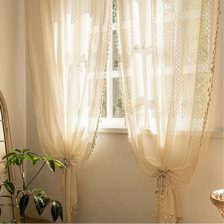 Diwzbyn Gardine Boho-Fransen-Vorhang, Vintage-Häkelspitzen-Gardine, Wellenförmiger Ösenvorhang aus Voile für Wohnzimmer und Schlafzimmer – Bild 3