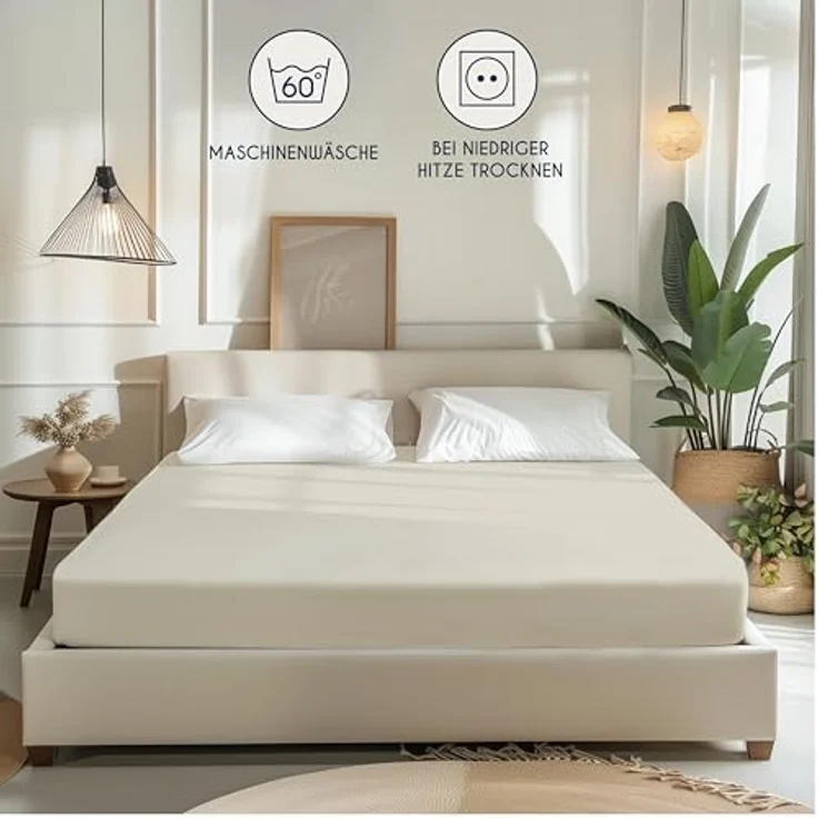 Dreamzie - Spannbettlaken 200x200 cm - Baumwolle Oeko Tex Zertifiziert - Beige - 100% Jersey Spannbetttuch 200x200 – Bild 7