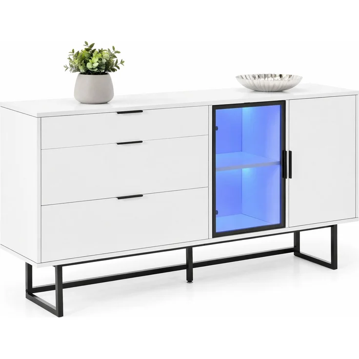 DESVIAE Sideboard mit LED-Beleuchtung und 3 Schubladen 160x78x36 cm MDF Spanplatte Weiß – Bild 7