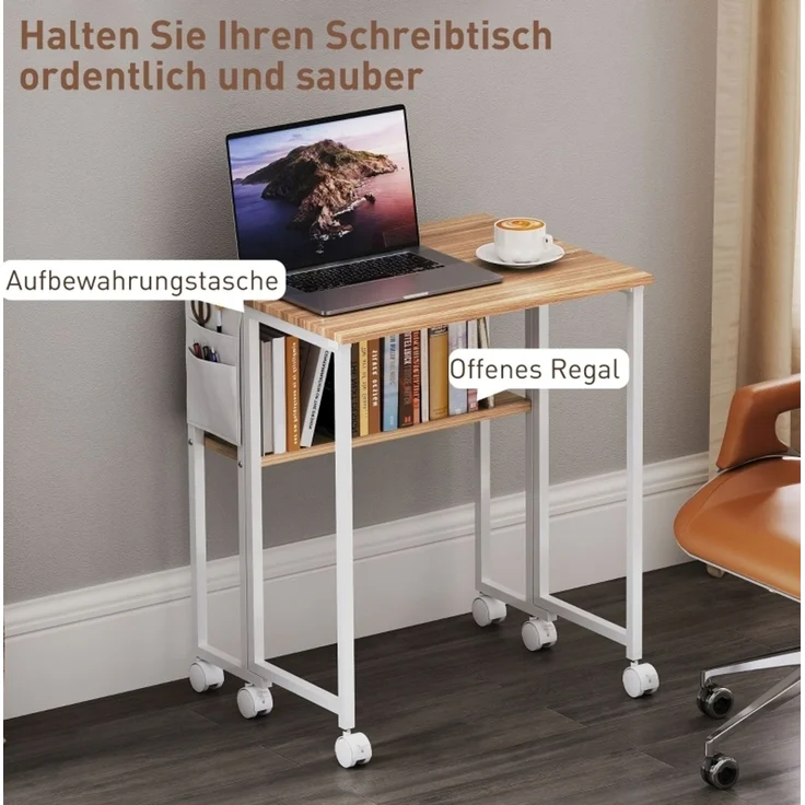 Klappschreibtisch aus Holz mit Regal und Rollen, 63x50x75 cm, Natur – Bild 4