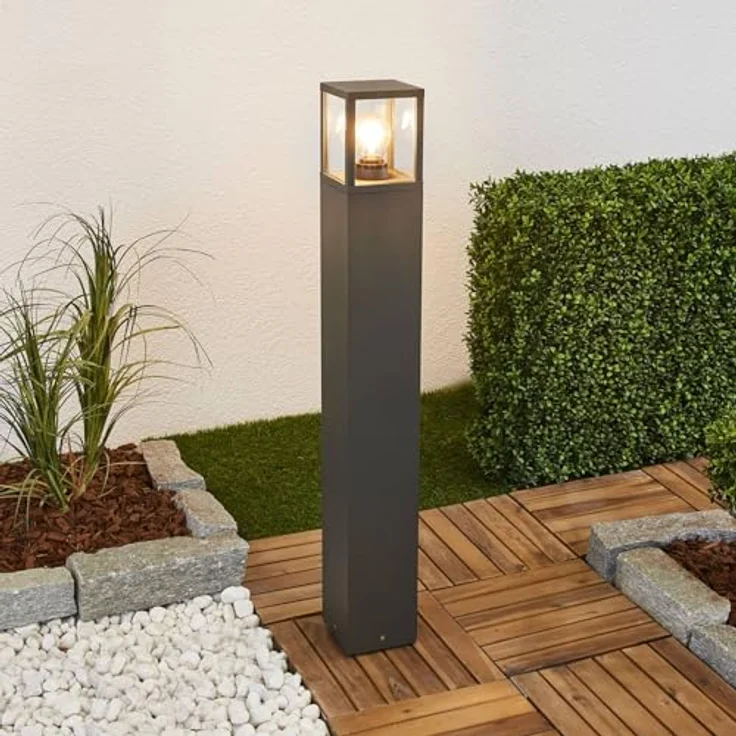 Lucande Wegeleuchte/Pollerleuchte, spritzwassergeschützt IP54, 90 cm, Aluminium/Glas, 1x E27 max. 15W, graphitgrau, ohne Leuchtmittel – Bild 2