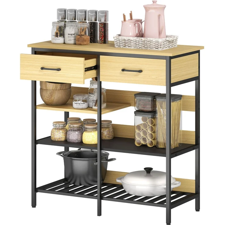 MELAYR, Sideboard, Kommode mit 2 Schubladen, 3 offenen Regalen Küchenschrankfür Küche, 90 x 40 x 91 cm, Naturholz – Bild 2