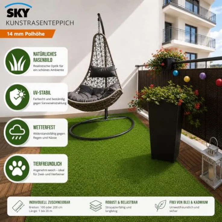 SKY Kunstrasen - Wetterfester Outdoor Teppich für Balkon Terrasse & Garten - Premium Class - Riviera - Polhöhe: 14 mm - 200x1600 cm – Bild 5