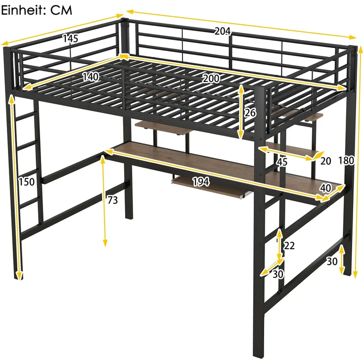 EINHOM Bettgestell Metallbett, Eisenbett, Hochbett mit Schreibtisch und Zwei Bücherregalen für Kinder, Jugendliche und Erwachsene, 140 x 200 cm, Schwarz (Ohne Matratze) – Bild 2