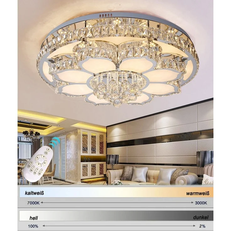 Euroton LED Deckenleuchte LED Pendelleuchte mit Fernbedienung Kristall Edelstahl energiesparend, LED fest integriert, Neutralweiß, Kaltweiß, Warmweiß, Mit Fernbedienung steuerbar – Bild 3