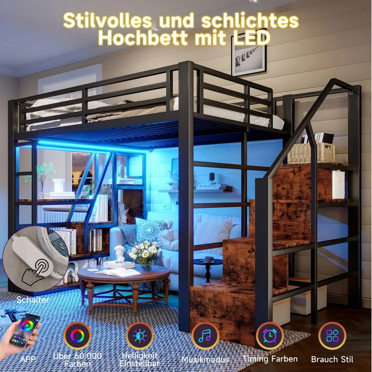 CHICFURN Hochbett Metall und MDF Schwarz 140x200 cm mit Stauraum und LED-Beleuchtung – Bild 4
