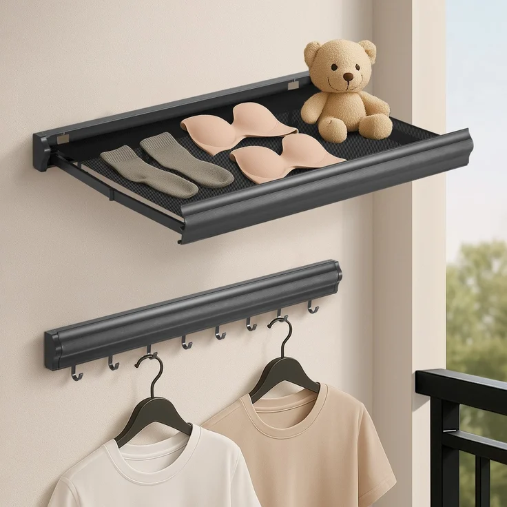 Todeco Wandtrockner Klappbar Unsichtbar mit Netzablage & 8 Haken, Duschablage Ohne Bohren, Badezimmer Regal Organizer, Ausziehbarer Wandwäscheständer, Hakenleiste für Balkon Wäscheraum Badezimmer – Bild 1