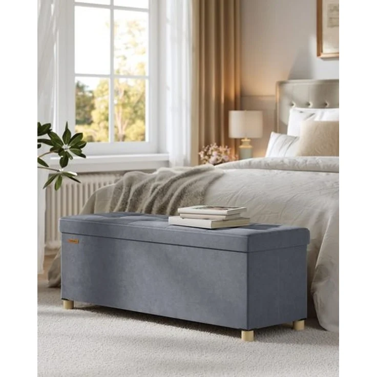 SONGMICS Sitzbank mit Stauraum, Hocker faltbar, 38 x 110 x 40 cm, Aufbewahrungsbox mit Deckel, Fußhocker 112 L, Samt, bis 300 kg belastbar, Flur Wohnzimmer Schlafzimmer – Bild 2