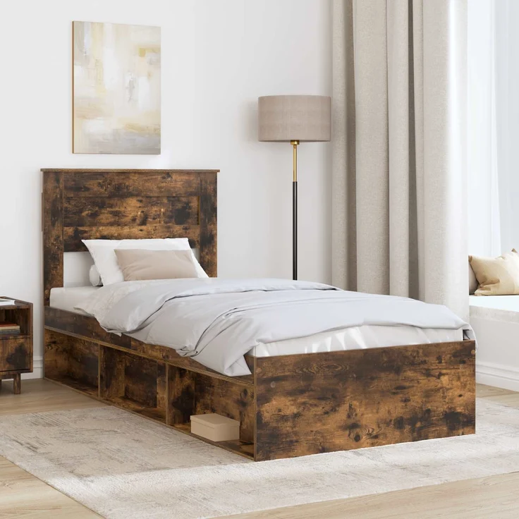 vidaXL Bettrahmen Geräucherte Eiche 90 x 190 cm Massives Kiefernholz 3409803 – Bild 2