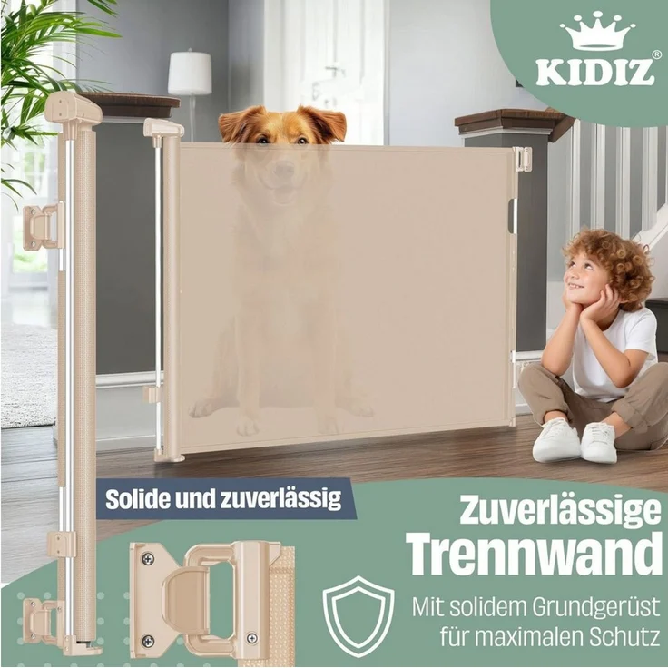 KIDIZ® Treppenschutzgitter Türschutzgitter ausziehbar bis 140/180cm | kindersicheres Treppengitter für Babys & Haustiere | Schutzgitter Treppen & Türen Absperrgitter inkl. Bodenanker & Montagezubehör Beige, 0-140cm – Bild 3