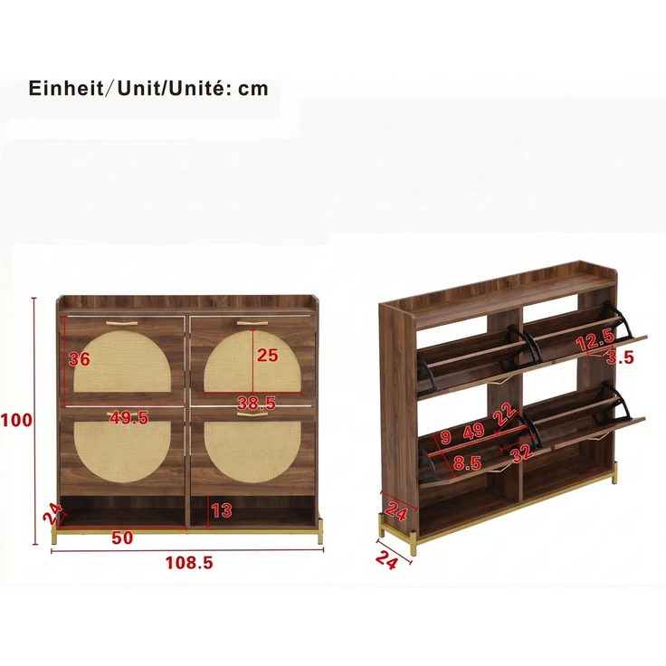 DESVIAE Garderobenschrank Schuhschrank Nussbaum aus MDF – 108,5x100x24 cm – 4 Klappen, Rattan-Optik – Bild 10