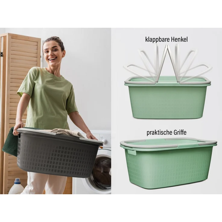 Hausfelder Wäschekorb Wäschewanne 58 x 37 x 25 cm (Jadegrün, 2 Wannen, 35 l) (Set, 2 St, 2 x Wäschewannen), mit klappbaren Henkeln, mit Griffen, 35 Liter – Bild 2