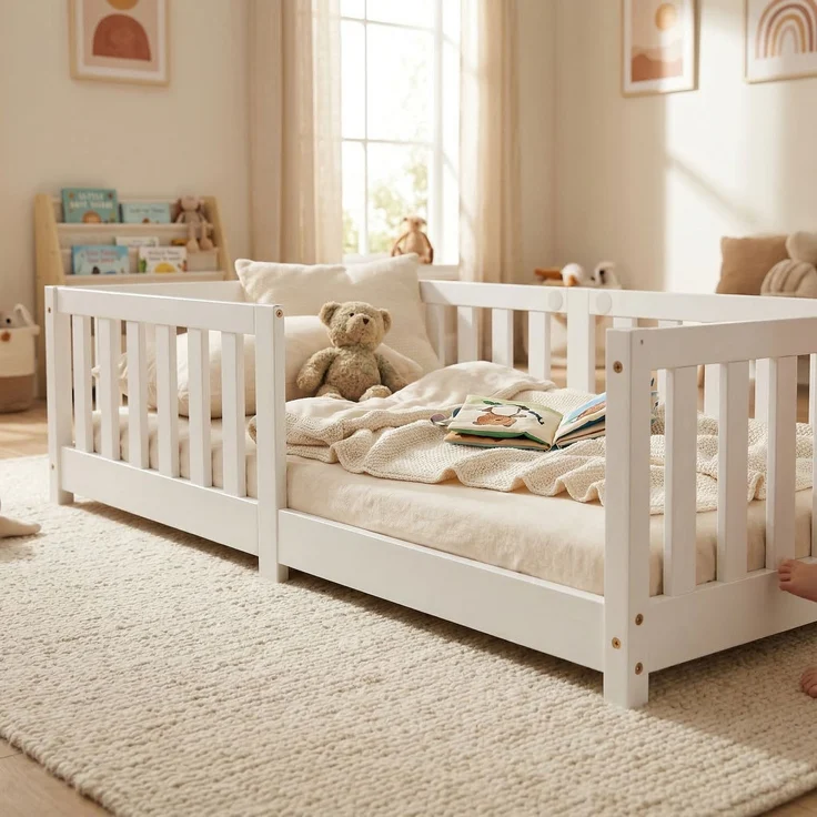 ecoMI Kinderbett mit Rausfallschutz und Lattenrost, Kiefernholz weiß, 80x160 cm – Bild 3