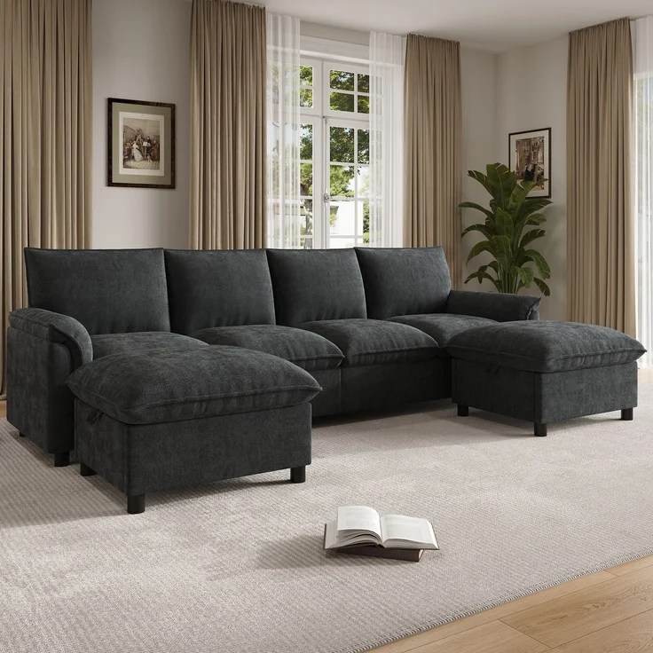 Merax U-förmiges modulares Sofa, bequemes Ecksofa mit Deep-Seat-Design, mit 2 beweglichen Fußhockern, hohe Rückenlehne, Chenille, Schwarz, B264.5/D142.5/H84 – Bild 3