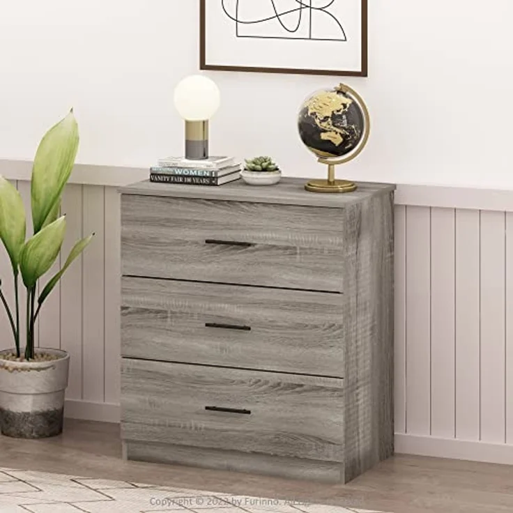 Furinno Tidur Schlichtes Design Kommode mit 3 Schubladen und Griff, Französische Eiche Grau – Bild 2