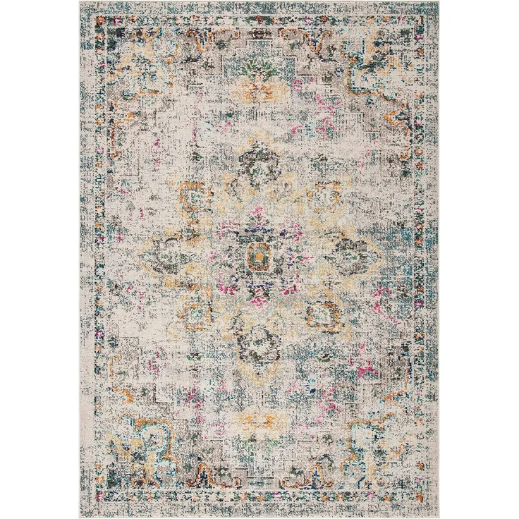 SAFAVIEH Boho Teppich für Wohnzimmer, Esszimmer, Schlafzimmer - Madison Collection, Kurzer Flor, Silber und Elfenbein, 201x201 cm