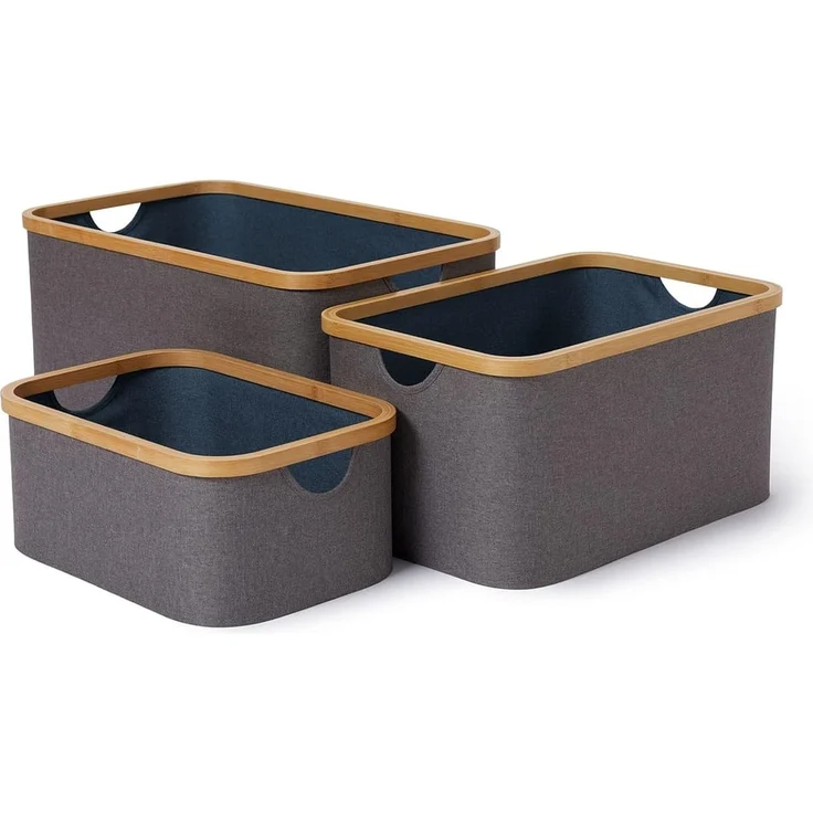 Lumaland Bambus-Aufbewahrungsbox rechteckig 3er-Set grau/blau 54x33x26cm/45x30x23cm/38x26x16cm – Bild 1