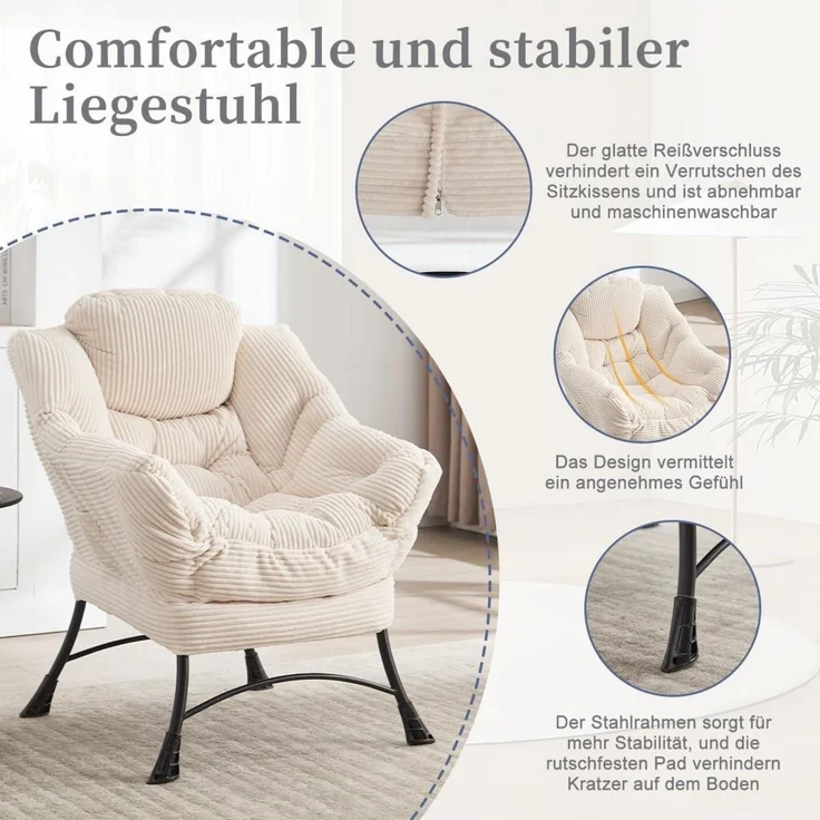 Ohrensessel Hocker Armlehnen Fußstütze Cord Weiß – Bild 5