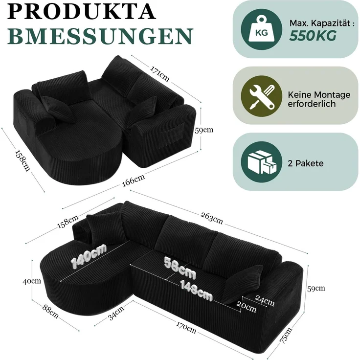 COMHOMA Ecksofa mit Schlaffunktion, 263cm Corduroy Modulares Boneless Couch mit Chaiselongue, L-Form Schlafsofa, Sektionssofas mit Kissen & Seitentaschen,Sofa für Wohnzimmer, Keine Montage, Schwarz – Bild 3