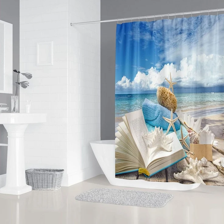M&W DAS DESIGN Duschvorhang 180x200 Shower curtains Anti schimmel Waschbar Meer Strand und Bücher – Bild 2