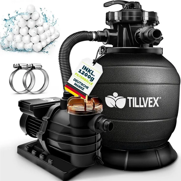 tillvex Sandfilteranlage tillvex Sandfilteranlage 13.200L/h mit 1200g Filterbällen + Pumpe (Poolfilter Selbstansaugend Sandfilter Schwimmbecken, Filteranlage 7-Wege Ventil & 2in1 Adapter Ø32-38mm), Pool 13.200L/h bis 40.000L + 1200g Filterbälle