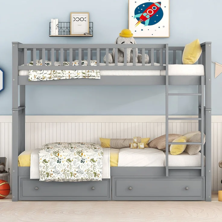 Etagenbett mit 2 Schubladen, stapelbares Hochbett umwandelbar in 2 Einzelbetten, platzsparendes Doppelbett für Kinder & Jugendliche,Grau – Bild 2