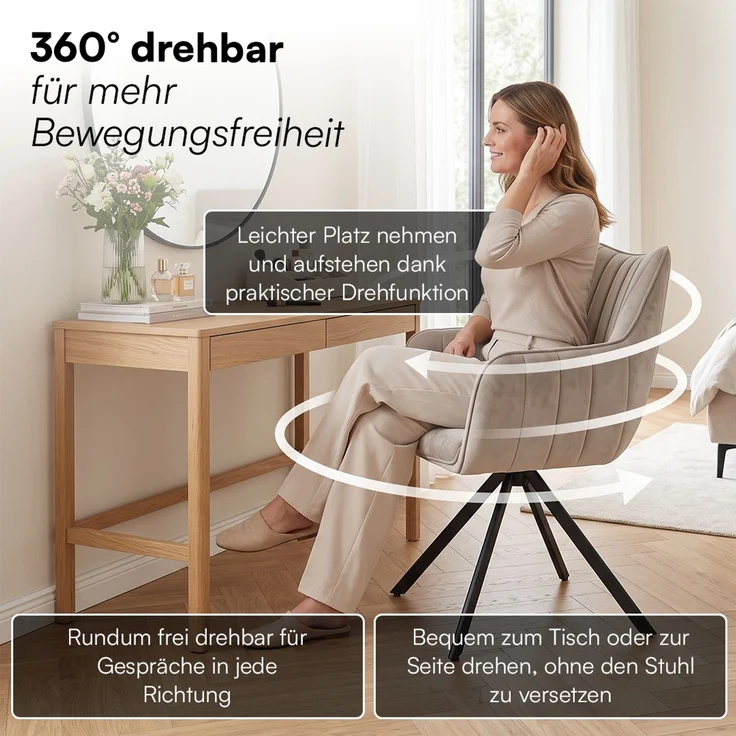 skølm 'Gymir' Esszimmerstühle, 6er Set, macchiato, gepolsterter Leinenbezug mit Kanalsteppung, drehbar & höhenverstellbar, Polsterstühle mit Armlehnen, bis 150 kg belastbar – Bild 3