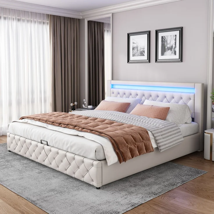 Polsterbett in Weiß 207*182*99cm , mit LED Beleuchtung und Bettkasten, modernes Bettgestell – Bild 3