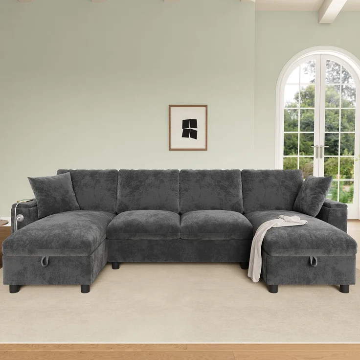 Chenille-U-Sofa mit 2 Stauraum-Chaiselongues, USB und USB-C, gepolsterte modulare Wohnlandschaft 279 cm mit Taschenfederkern, Grau – Bild 7