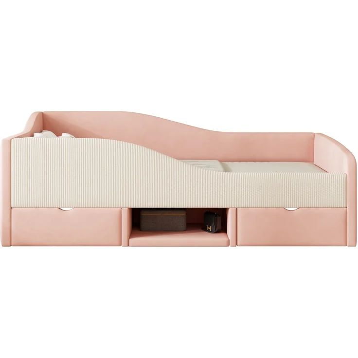 Kinderbett 90×190 cm mit Colorblock-Samt, Schutzgitter, Schubladen & Schuhfach, gepolstertes Jugendbett mit Stauraum,Rosa & Cremeweiß – Bild 5