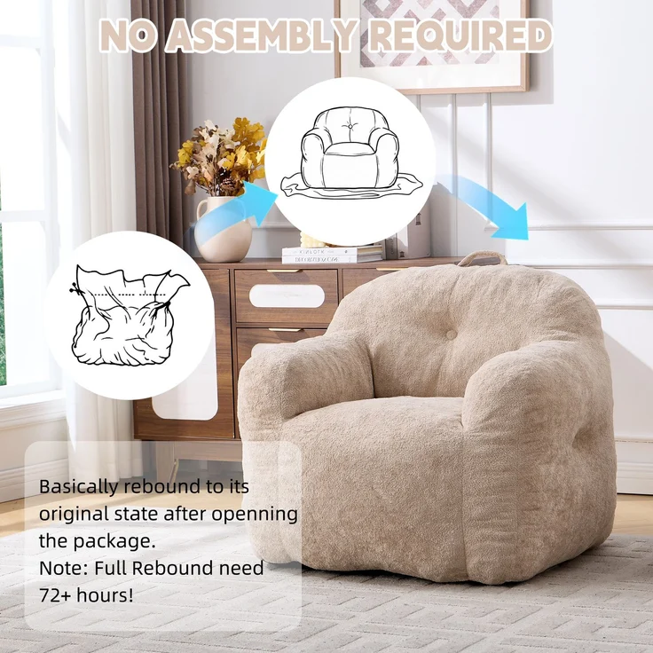 Sitzsack-Sessel mit Kunstfellbezug, Armlehnen und Schaumstoffflocken, weicher Lesesitz ohne Montage für Wohn- und Schlafzimmer, Beige – Bild 7