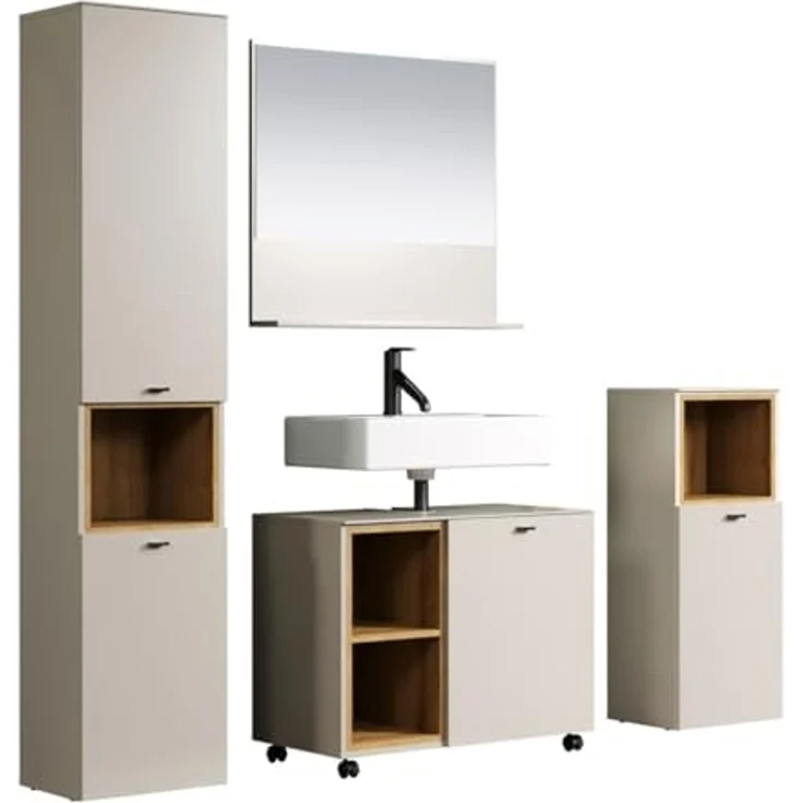 trendteam smart living - Sao Paulo - Badmöbel-Set - Kashmir (Beige)/Evoke Eiche - Hochschrank, Waschbeckenunterschrank Rollen, Wandspiegel, Badschrank - (BxHxT) 180 x 186 x 42 cm - Soft-Close-Funktion – Bild 1