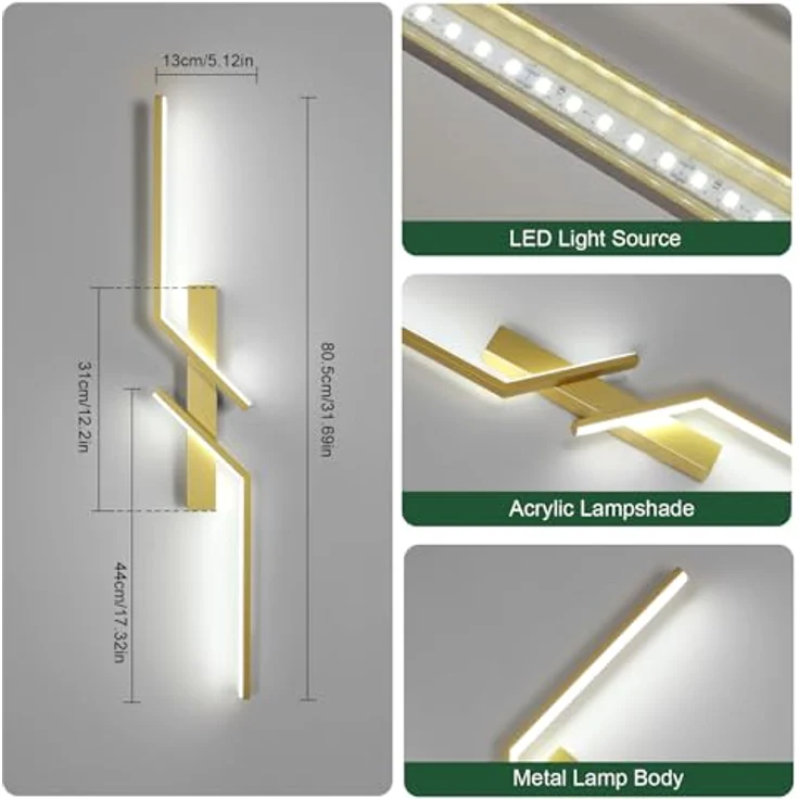 Goeco LED Wandleuchte Innen, 81CM 24W 2700LM LED Wandlampe Lang 2 Fimmige 6500K Kaltweißes Licht, Modern Wandlicht für Flur Treppenhaus Wohnzimmer Schlafzimmer, Gold – Bild 3