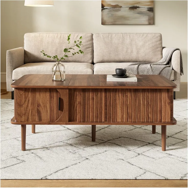 Merax Couchtisch höhenverstellbar, Walnuss Retro Beistelltisch mit Schiebetür und Stauraum (100 x 48 x 55,5 cm)