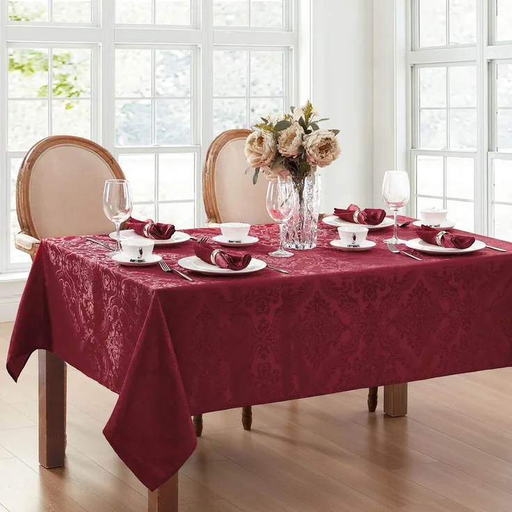 Elrene Home Fashions Caiden Elegance Damast-Tischdecke, wasserdicht, Flecken- und knitterfrei, 132,1 x 132,1 cm, quadratisch, Cranberry