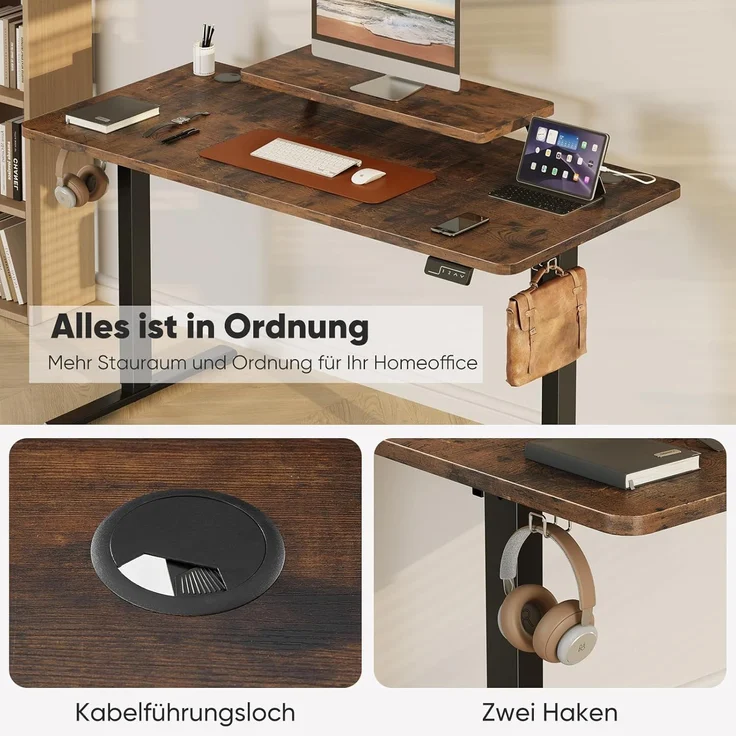 Sweetcrispy Höhenverstellbarer Schreibtisch mit Monitorständer, 140x60 cm Schreibtisch Höhenverstellbar Elektrisch, Ergonomischer Steh-Sitz Tisch, Computertisch Standing Desk, Vintagebraun – Bild 6