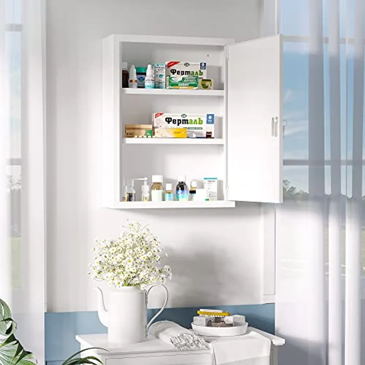 Kleankin Medizinschrank Apothekerschrank mit 3 Fächern (Erste Hilfe Schrank, 1-St, Medikamentenschrank) Stahl, Weiß, 40 x 15 x 53,5 cm – Bild 3