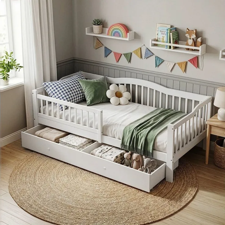 LEADZM Kinderbett mit Schubladen 70x140 / 80x160 / 90x200cm, Hausbett mit Lattenrost, Bodenbett mit Stauraum und Abnehmbarer Barriere, Weiß