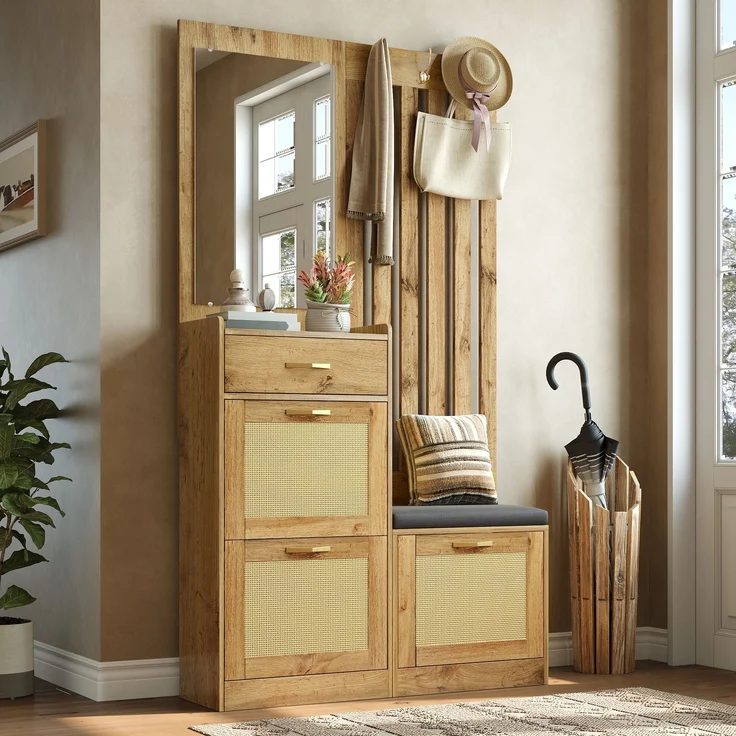 Faumrta Kompaktgarderobe mit Spiegel und Sitzbank,Flurgarderobe mit Schuhschrank und Haken, Kleiderhaken,Flurmöbel Set,Flurgarderobe. 99.5CM*26CM*180CMNaturalMDF (Medium-Density-Faserplatte) – Bild 6