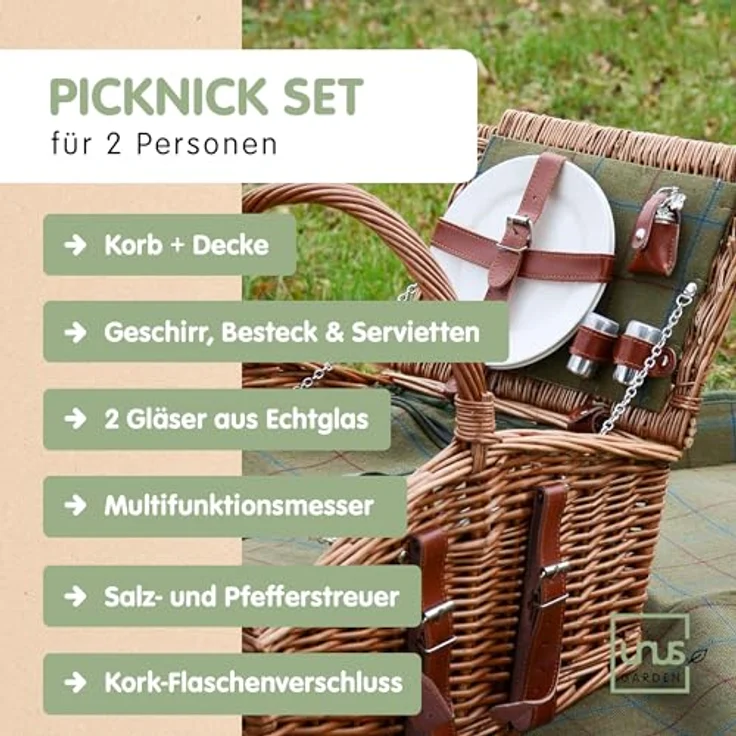 UNUS GARDEN Picknickkorb Weidenkorb für 2 Personen (Abmessung 28/40x32x48cm (HxBxL), inklusive Picknickdecke und inklusive Besteck, Geschirr, uvm. – Bild 3