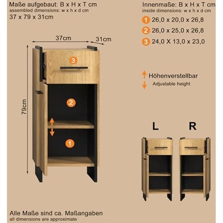 trendteam smart living - Safiya - Kommode - Eiche/Schwarz - Standschrank mit 1 Tür (Türanschlag Links/rechts) 1 Einlegeboden und 1 Schublade - (BxHxT) 37 x 79 x 31 cm - Schubkasten-Vollauszug – Bild 3