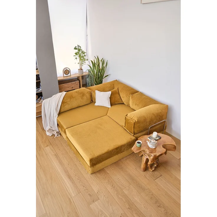 Ecksofa mit Schlaffunktion, 300 cm, Senfgelb | 100% Gerippter Plüschstoff, Abnehmbarer Bezug, 4 Kissen inklusive | Pfotenfreundlich & Stilvoll – Bild 2