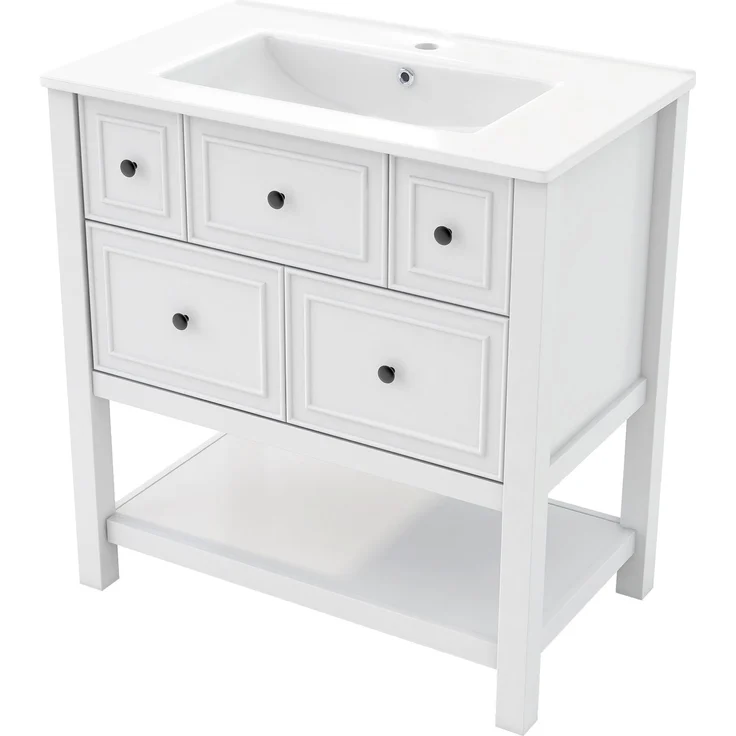 76*46,5*82 cm, freistehendes Waschbecken, komplett lackiert, 5 Schubladen + offene Ablagefächer, integriertes Keramikbecken, geräuscharme Schubladenschienen, weiß. – Bild 10