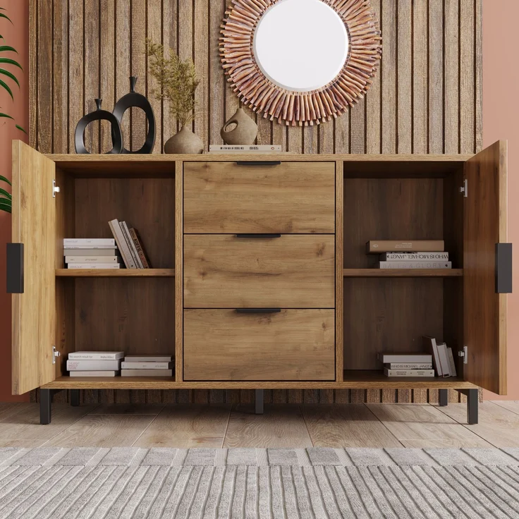 Türkommode mit 3 Schubladen in dunkler Eiche, Sideboard Industrial Design, Aufbewahrungsschrank mit höhenverstellbarem Fachboden – Bild 1