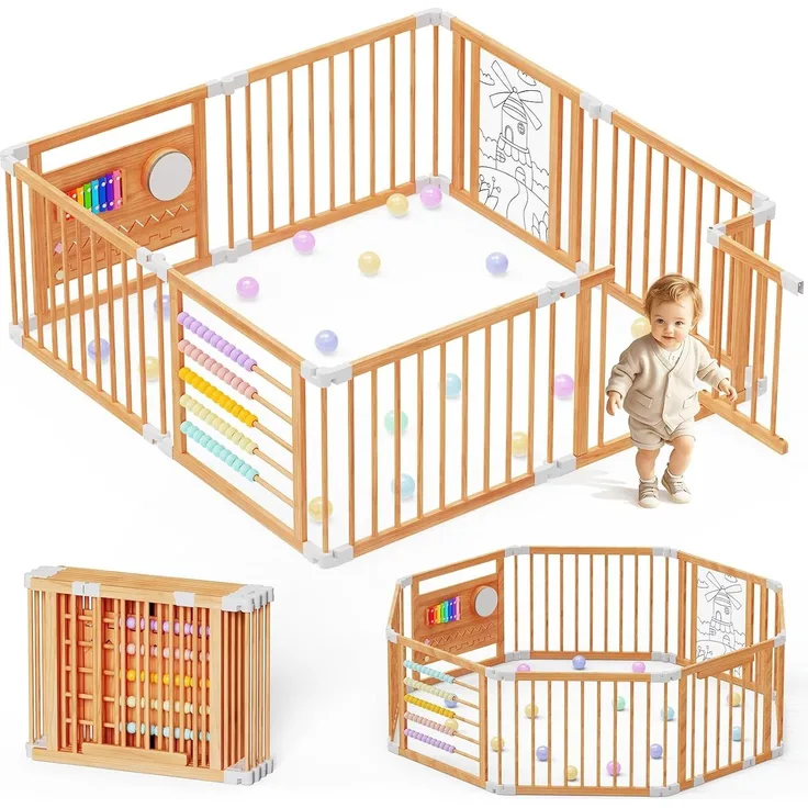 Laufstall Baby Holz mit Spielcenter–160 x 160 x 61 cm Verstellbare Größe & Form Laufgitter, Faltbarer Laufstall aus Holz, Spielzaun mit Tor für Babys und Kleinkinder