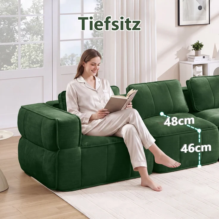EINHOM Modulares 3-Sitzer-Sofa, stützenloses Design, 32D-Schaumstoff hoher Dichte, bequemer Stoff, geeignet für das Wohnzimmer, rutschfestes Design, keine Montage erforderlich, Grün – Bild 6