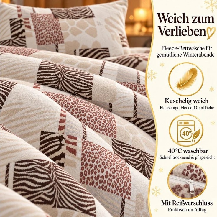 Leonado Vicenti Bettwäsche Fleece Winter Hauch von Safari, Fleece, 2 teilig, Fleece Thermo-Bettwäsche, weich zur Haut, kuschelig in der Nacht – Bild 4