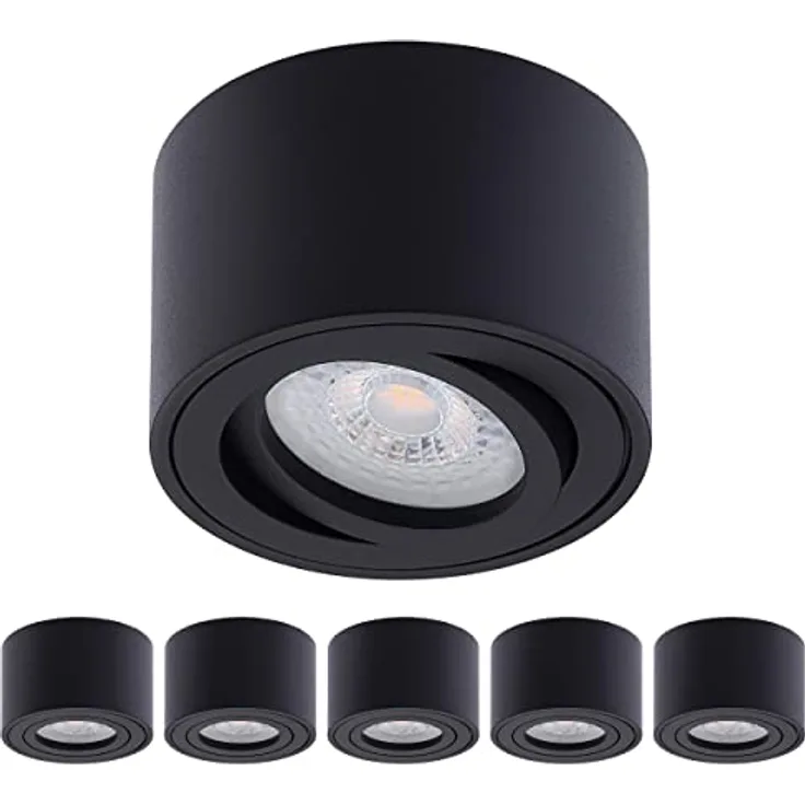 Oktaplex Lile Aufbauspot, 6 Stück in Matt Schwarz, LED Modul 3-stufig dimmbar 4,8W 3000K warmweiß, schwenkbar, 80x50mm