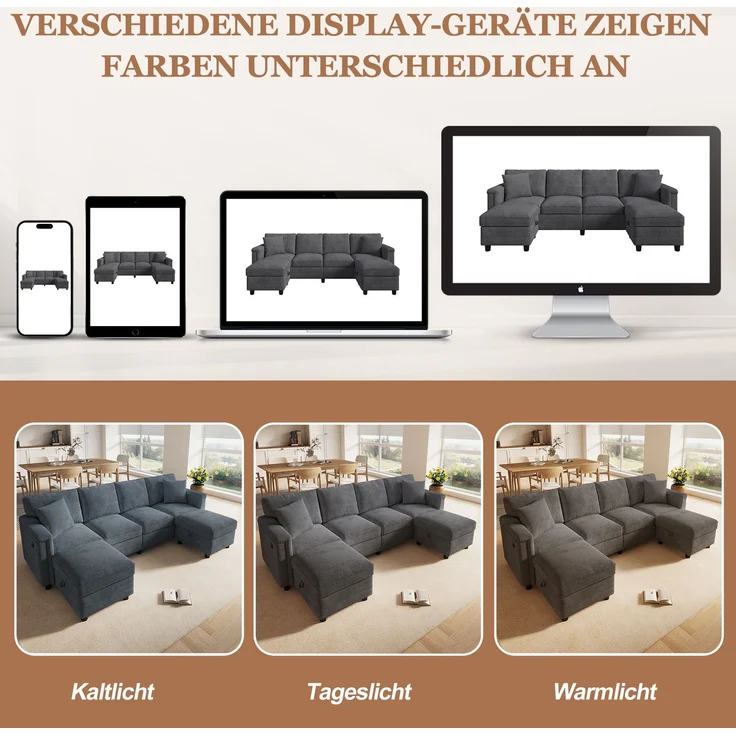 6-Sitzer Wohnlandschaft B 261 x T 134 x H 82 cm aus Chenille mit Stauraum und USB – Bild 7